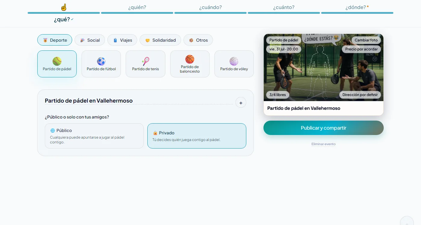 Pantalla para elegir el tipo de convocatoria y si es pública o privada