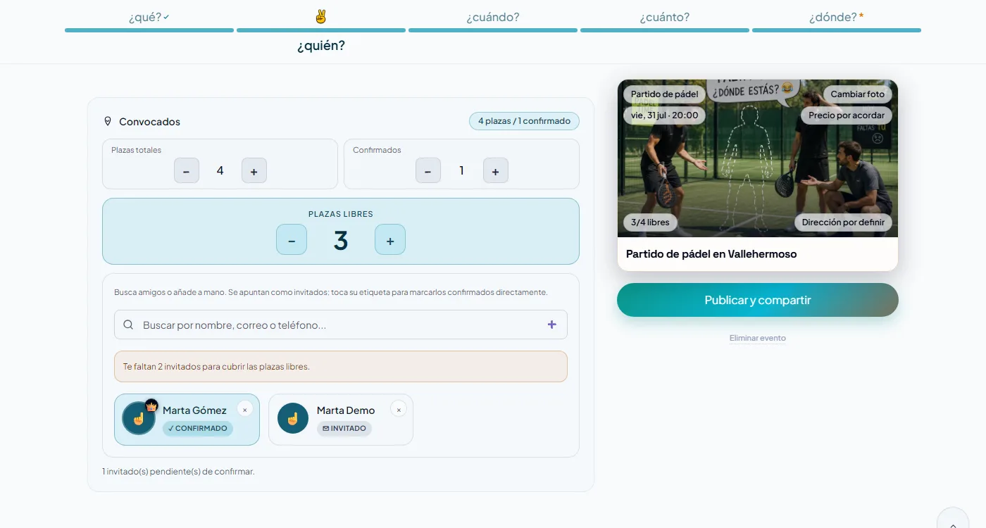 Pantalla para invitar amigos a la convocatoria