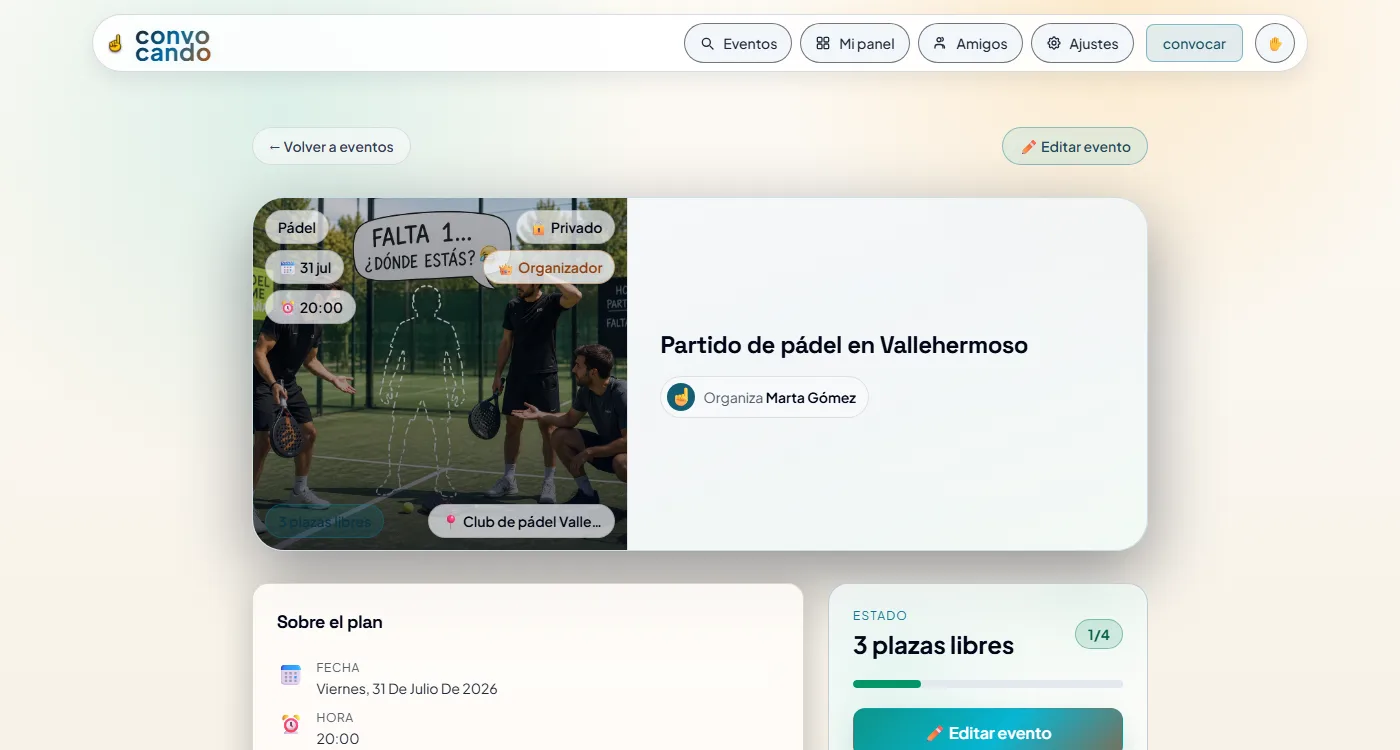 Página del evento ya publicado, lista para compartir